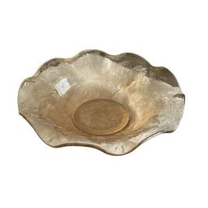 Vintage Jeannette Glass Floragold Louisa Iridescent Ruffled Bowl Gold w/Flowers